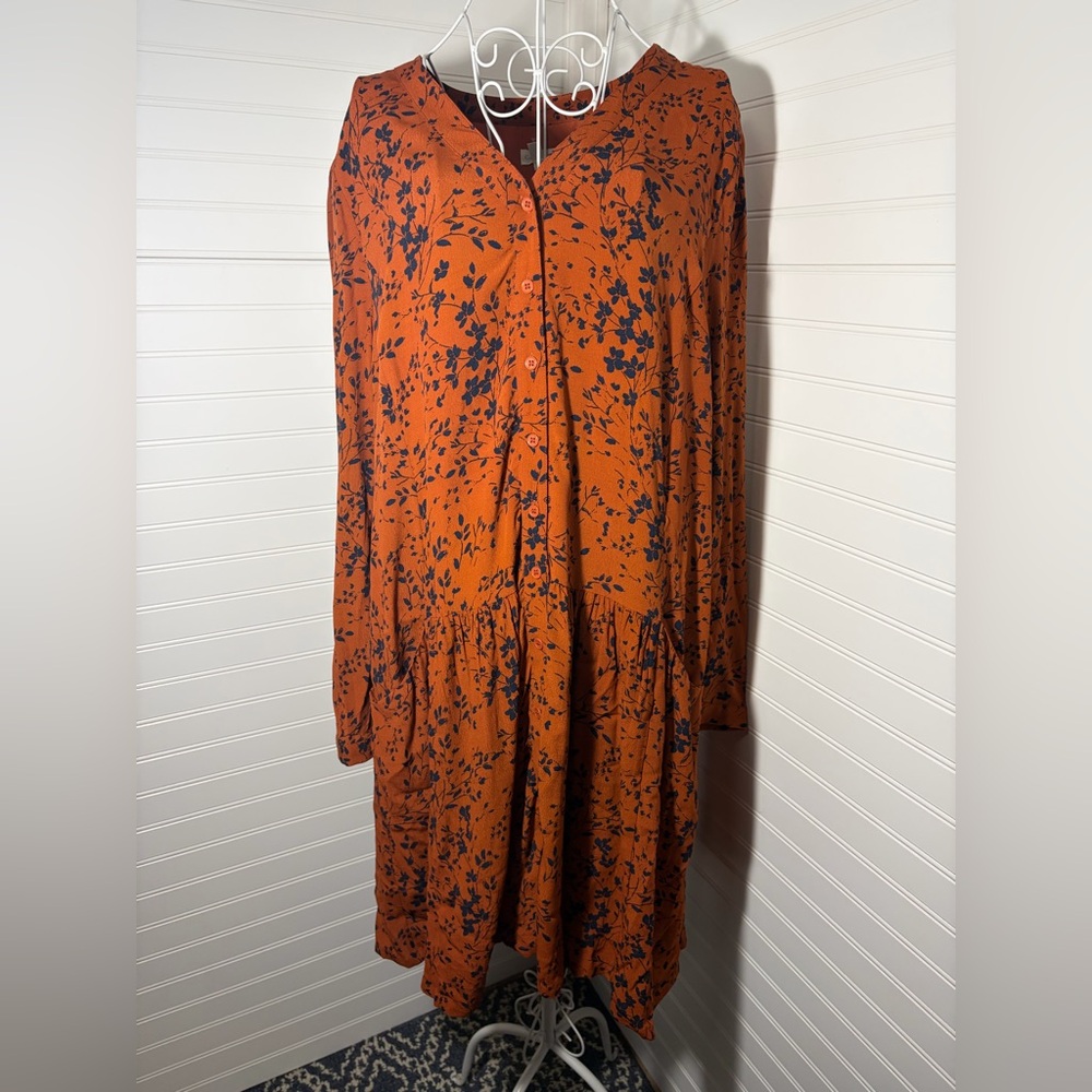 Garnet Hill Orange Long Sleeve Floral Button-Front Dress with Navy Print
